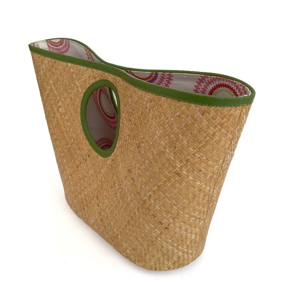 PUTU by J MacLear Natural Straw Bag Beach Tote Round Handle Green Trim Lined - Picture 3 of 11